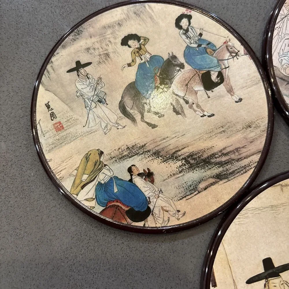 Six Korean Coaster Set With Sin Yun Bok Art Detailed Korean Scenes Laminate Cork